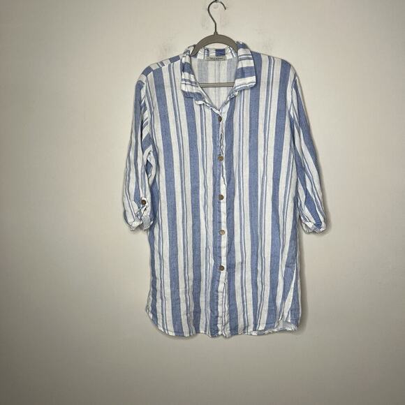 Viola Borghi Top Womens Large Blue Striped Linen Button Up Lagenlook Relaxed - Picture 1 of 13